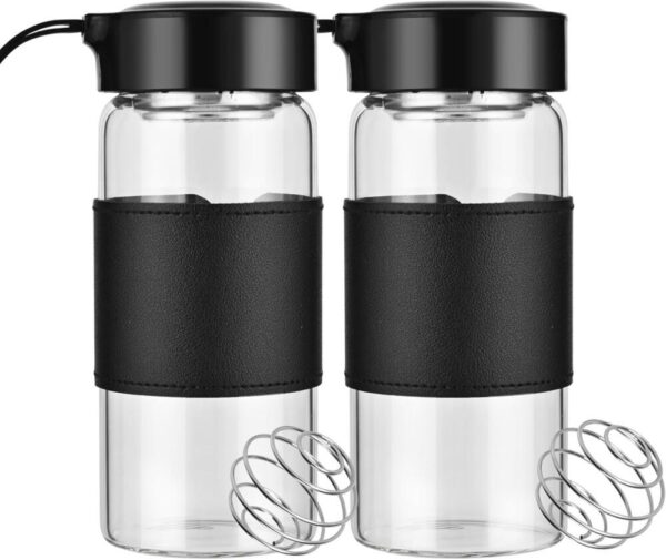 Borosilicate Glass Protein Shakers - Set of 2 with Stainless Steel Mixing Ball and Cleaning Tool